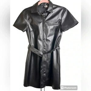 H&M Faux Leather Mini Dress, Short  Sleeves, Belted, SM, Goth Grunge Sexy